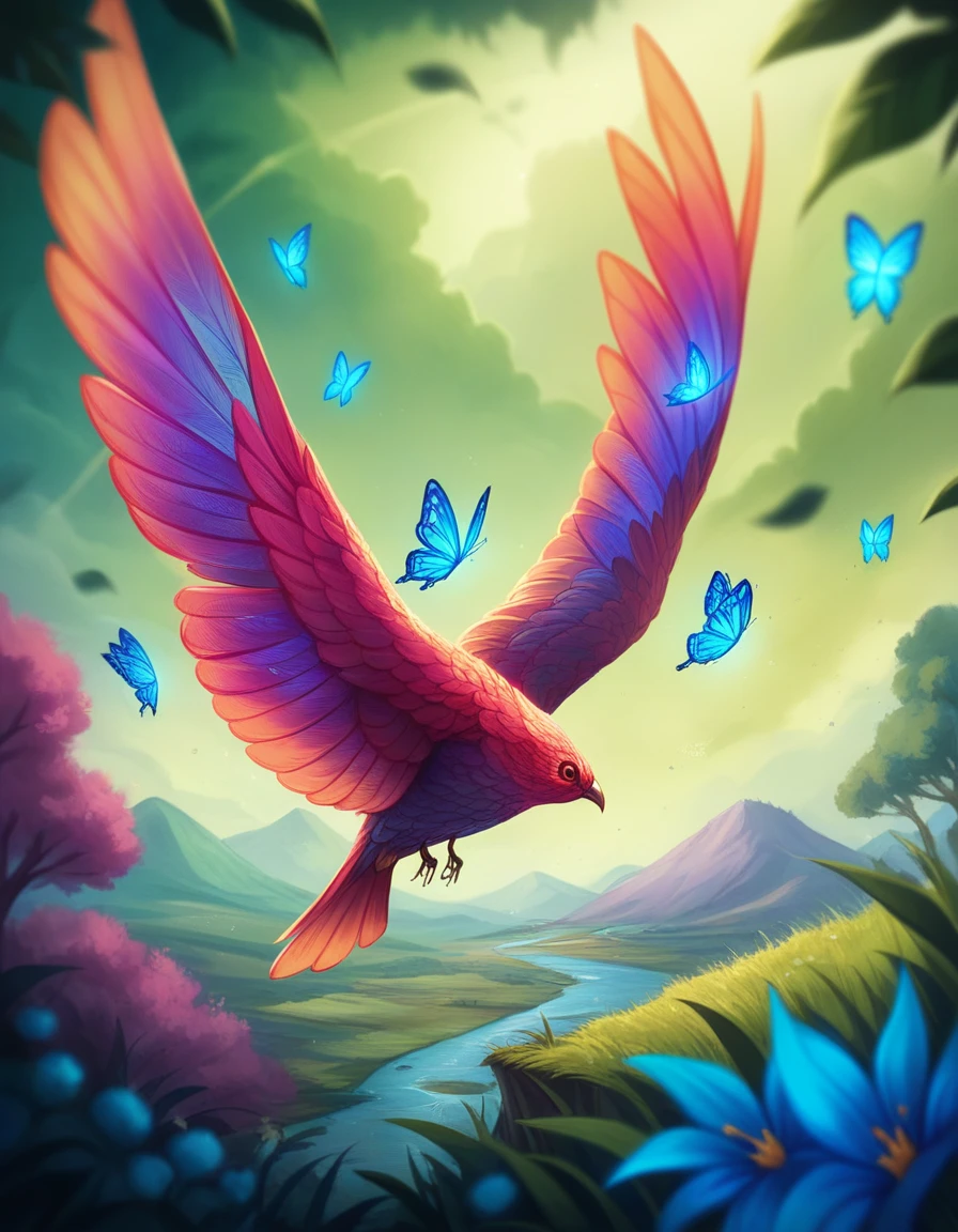 masterpiece, best quality, high quality, Very detailed cg unity 8k wallpaper, An extremely colorful and pure fantasy environment，Vibrant hues and bright skies, Bright green grass landscape, colorful trees, Sparkling fruit, and bright blue flowers. The stream is dark blue, The air is filled with a sweet exotic scent. The environment seems to have come out of a dream., Glowing butterflies and colorful birds flying around, Award-winning photography, Bokeh, Depth of Field, high dynamic range, Bloom, Chromatic Aberration ,Realistic,Very detailed, Hot topics on artstation, cgsocial trends, Wheels within wheels, high detail, Dramatic, midjourney&#39;s Artwork