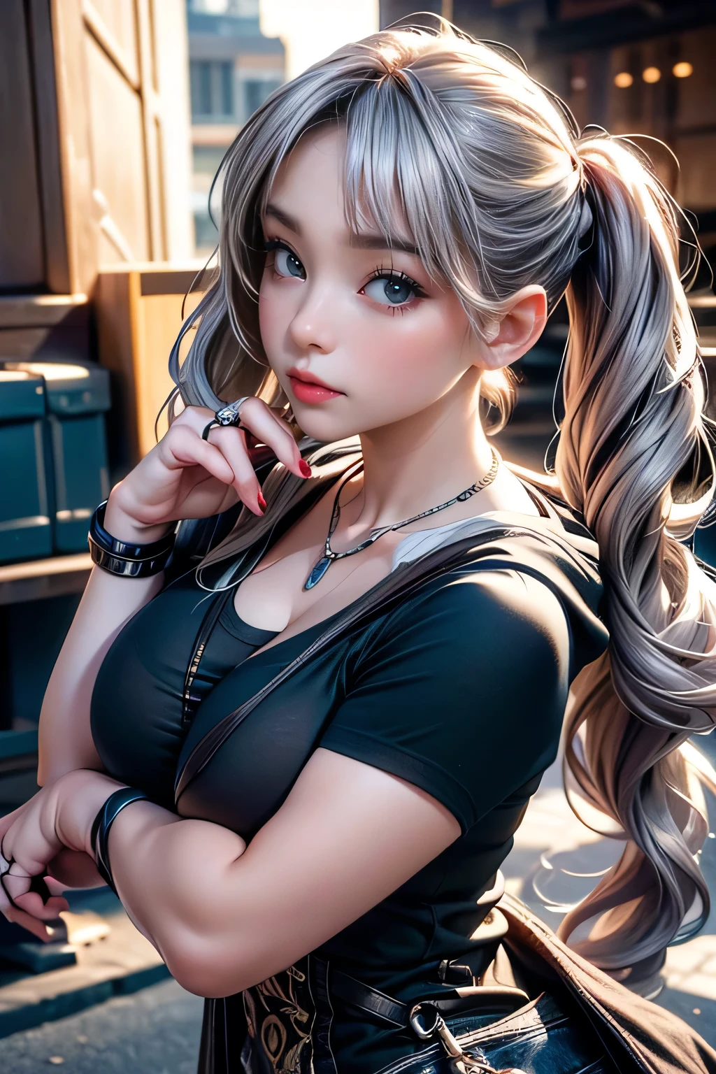 a breathtakingly beautiful girl with long silver hair in twin tails, wearing a vintage gothic hoodie, paused mid-motion with a cute expression, looking up, highly detailed, with intricate necklace, rings, bracelets, and ear cuffs, in a dynamic random pose, (best quality,4k,8k,highres,masterpiece:1.2),ultra-detailed,(realistic,photorealistic,photo-realistic:1.37),cinematic lighting,volumetric fog,chiaroscuro,dark moody atmosphere