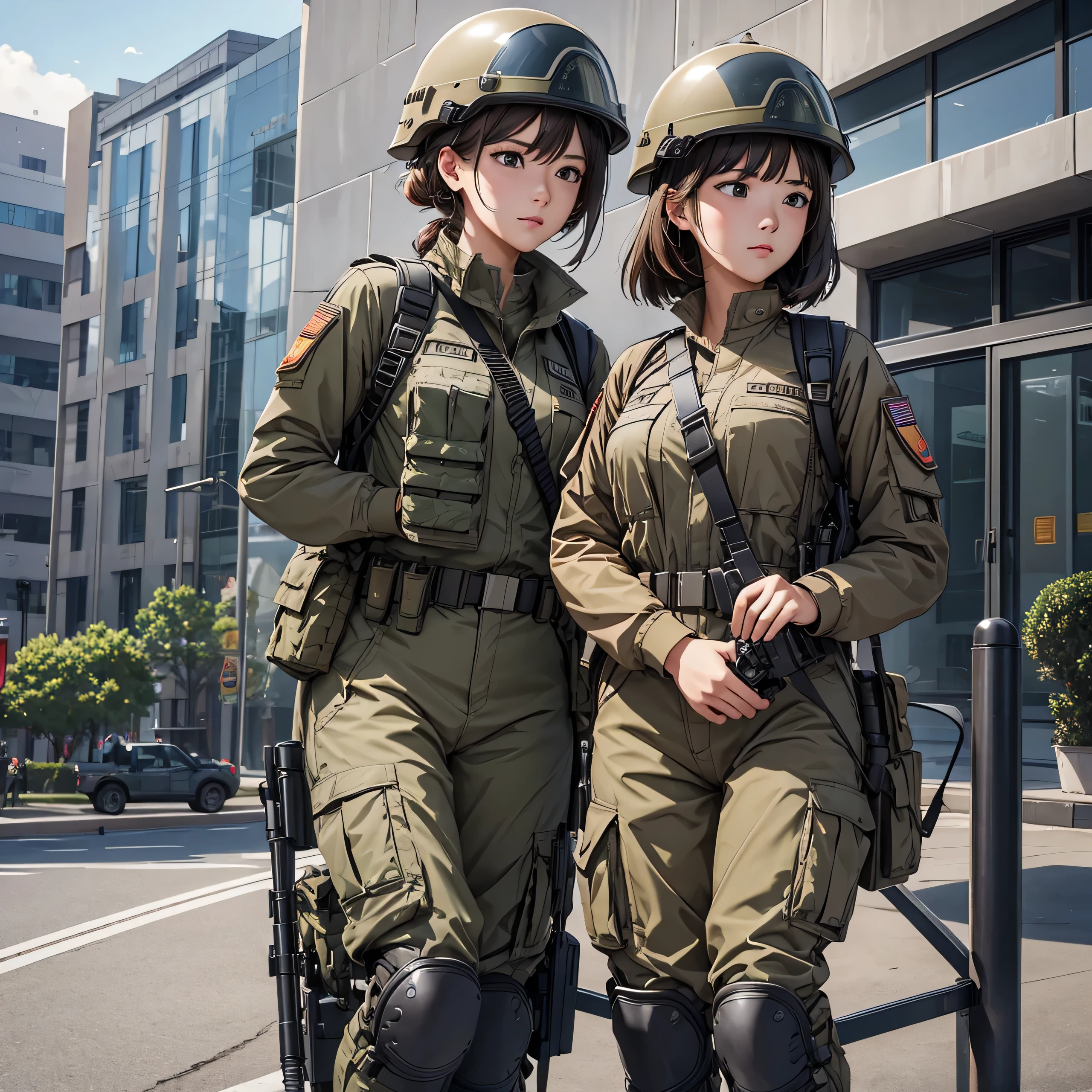 First-person perspective、Two female soldiers wearing helmets、Wearing brown M-51 military uniform、Magazine Pouch、front、See the crotch、Office Building、Write details、masterpiece、best quality、Highly detailed CG、8K picture quality