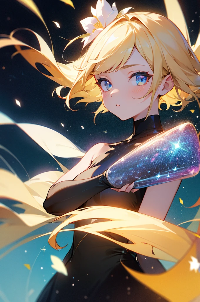 (best quality, masterpiece), 1girl, galaxy, glitter, dress, particle, wind, flower, upper body, dark simple background, looking at viewer, blonde,
