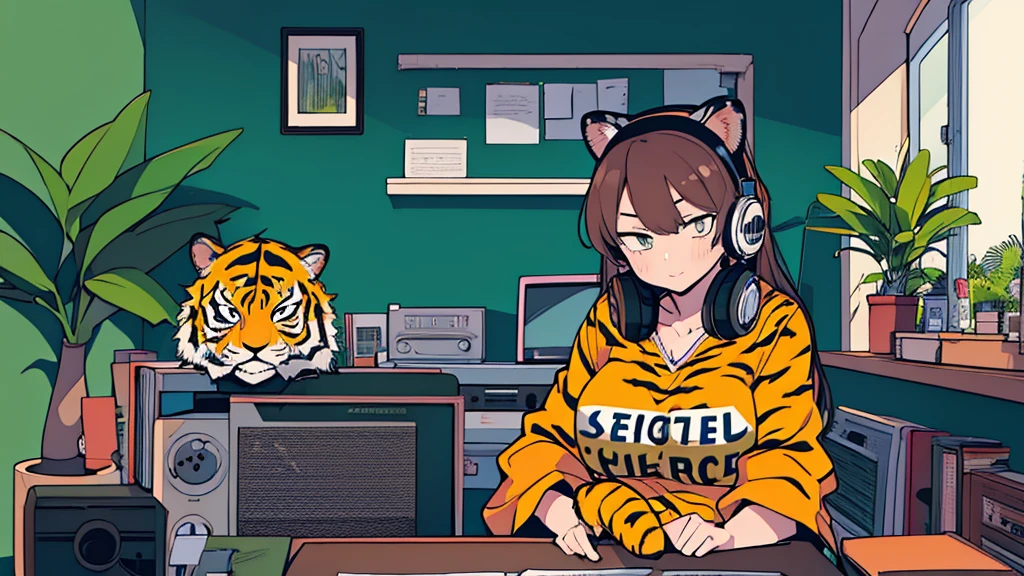 Best quality, (masterpiece:1.2), best detail face,1 girl, big breasts, 18 yo, 8k,absurdres,unity 8k wall paper,(extremely detailed:1.3), highest realistic, (retro headphones:1.1), (soft neon light:1.1), Her room full of music equipment and plants, Leaning back on the chair with a casual attitude, clothing in summer, ((A realistic tiger mascot in the room)), natural color palette