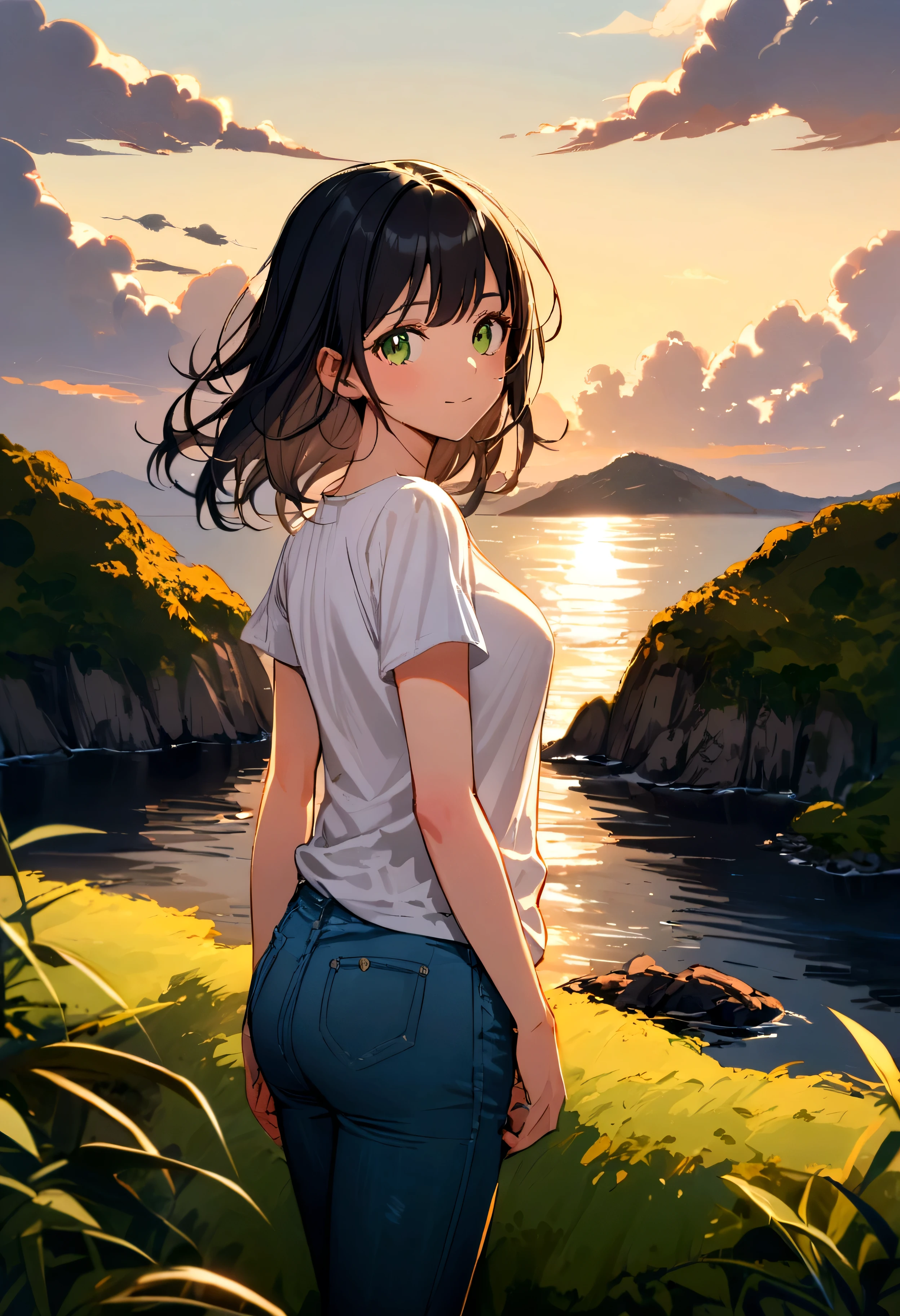 A girl with black hair and green eyes wearing a short sleeve shirt and a pair of jeans on a Island