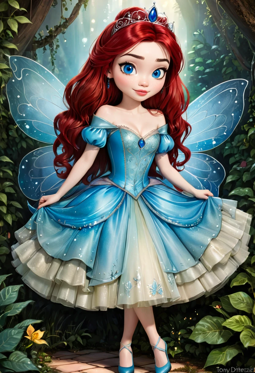 An illitration of a beautful fairy tale princess that looks like Miranda Cosgrove. Red Hair Blue Eyes. In the Style of Tony Diterlizzi
