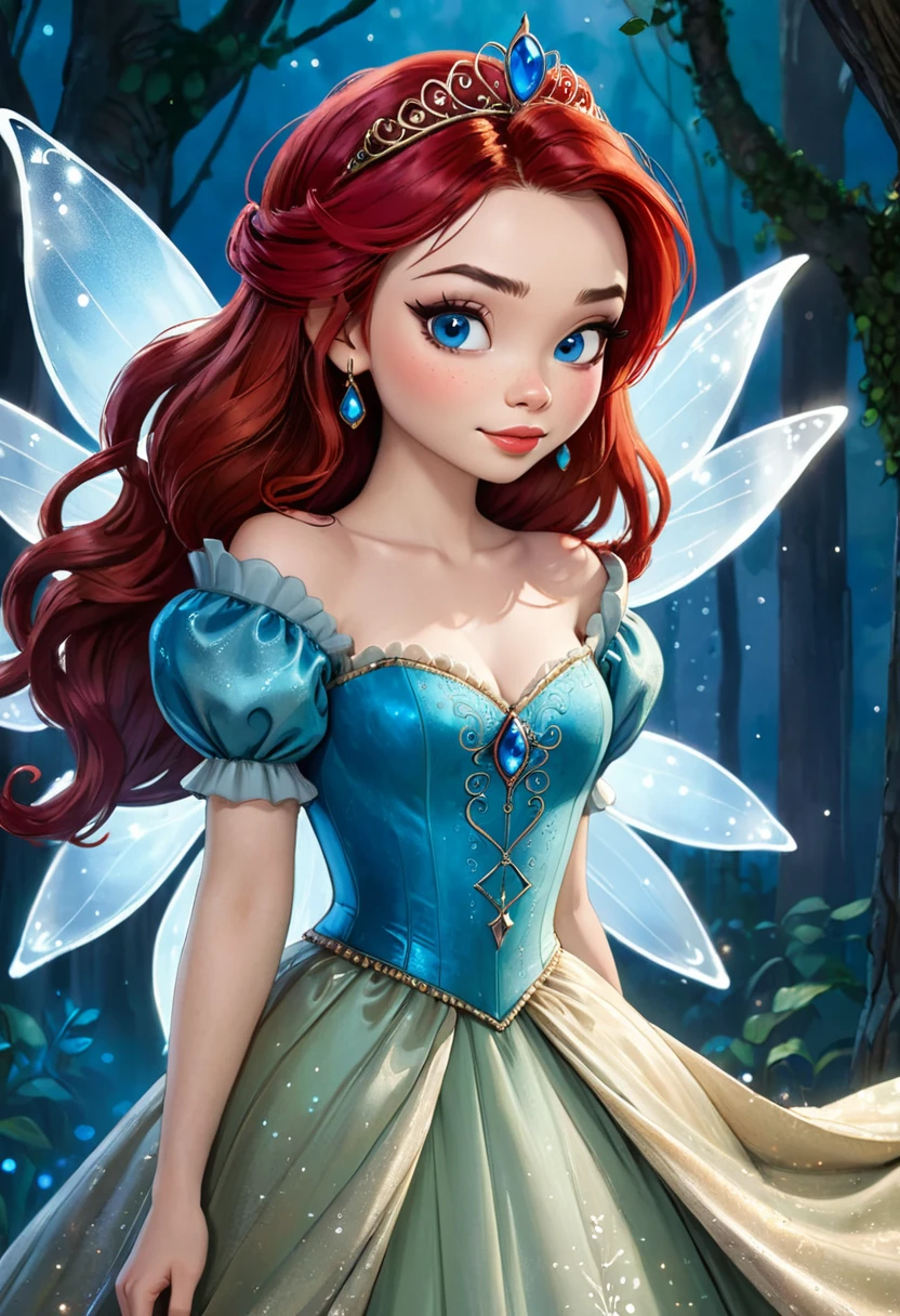 An illitration of a beautful fairy tale princess that looks like Miranda Cosgrove. Red Hair Blue Eyes. In the Style of Tony Diterlizzi