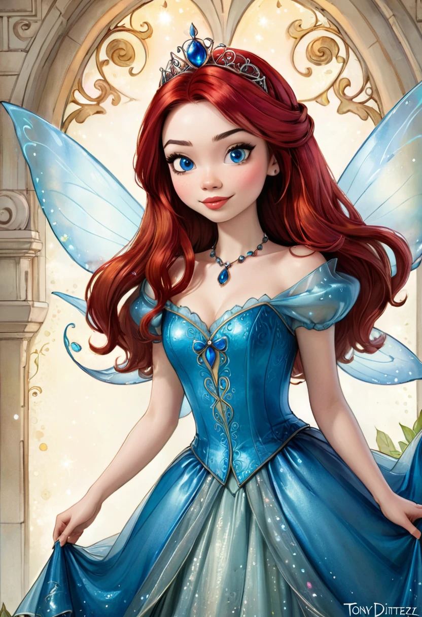 An illitration of a beautful fairy tale princess that looks like Miranda Cosgrove. Red Hair Blue Eyes. In the Style of Tony Diterlizzi
