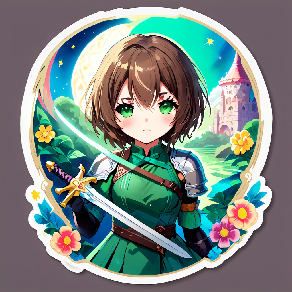 (((Stickerss)))，(((Stickers)))，One girl, With sword, Anime Style，Dreamland Wonderland、Fantastic，masterpiece，Kilo，Colorful，Detailed explanation，Seven Colors,(Highest quality,masterpiece, Complex,Hyper Detail,8K Ultra HD,Ultra-high resolution，Very detailed),(Short brown hair:1.2),  (Green Eyes:1.3)