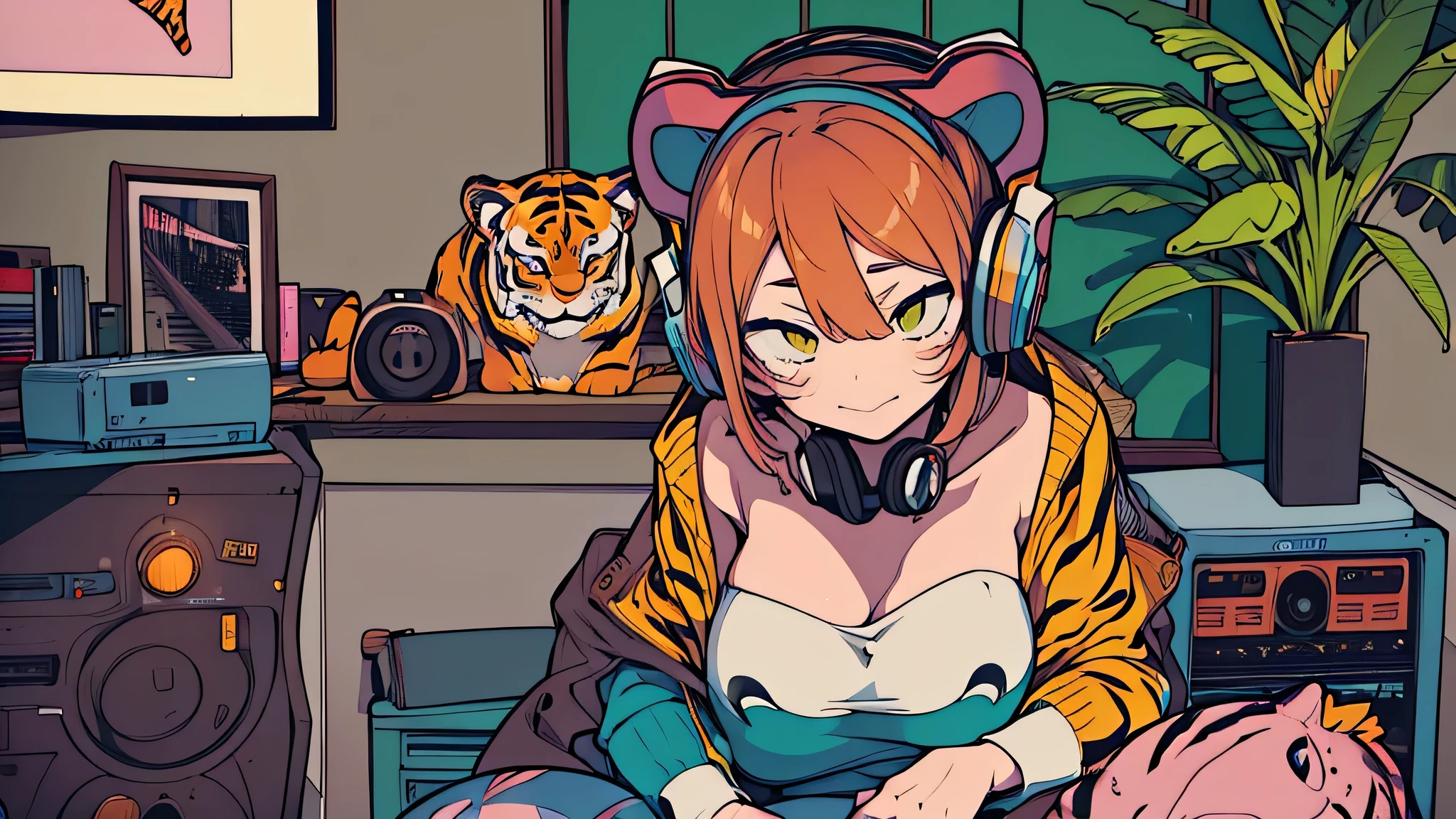 Best quality, (masterpiece:1.2), best detail face,1 girl, big breasts, 18 yo, 8k,absurdres,unity 8k wall paper,(extremely detailed:1.3), highest realistic, (retro headphones:1.1), (soft neon light:1.1), Her room full of music equipment and plants, Leaning back on the chair with a casual attitude, clothing in summer, ((A realistic tiger mascot in the room)), natural color palette