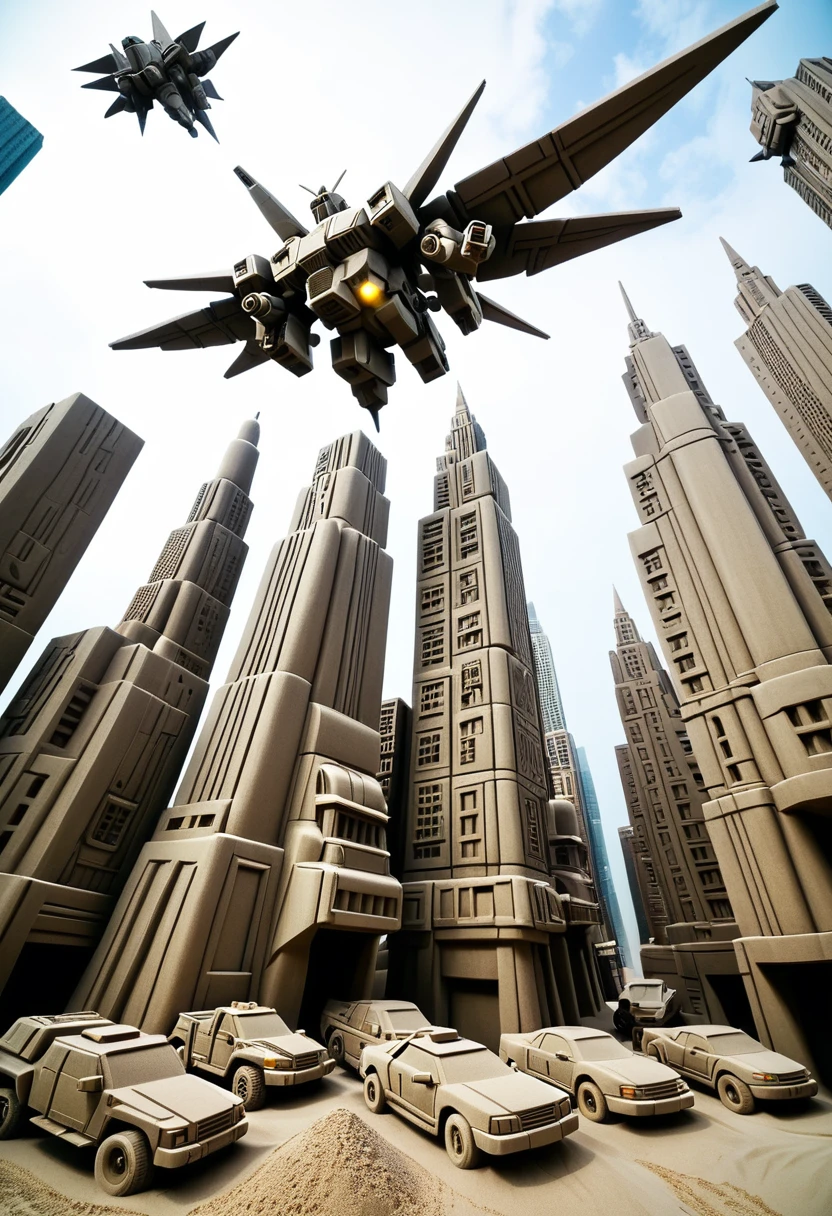 Sand sculpture style,  Autobots and Decepticons flying between cities，Angular mechanical structure，High-rise buildings，Strong sense of déjà vu