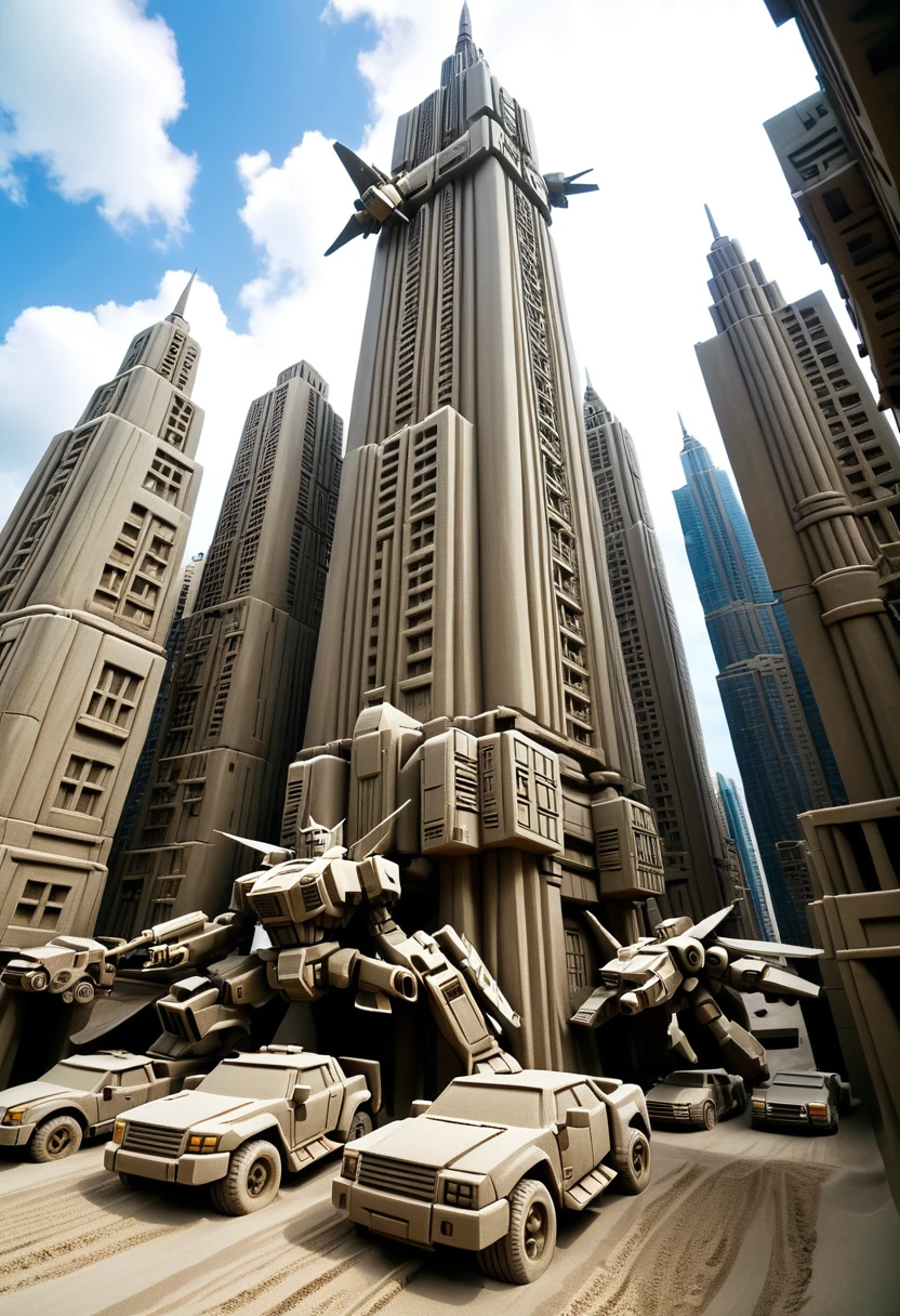 Sand sculpture style,  Autobots and Decepticons flying between cities，Angular mechanical structure，High-rise buildings，Strong sense of déjà vu