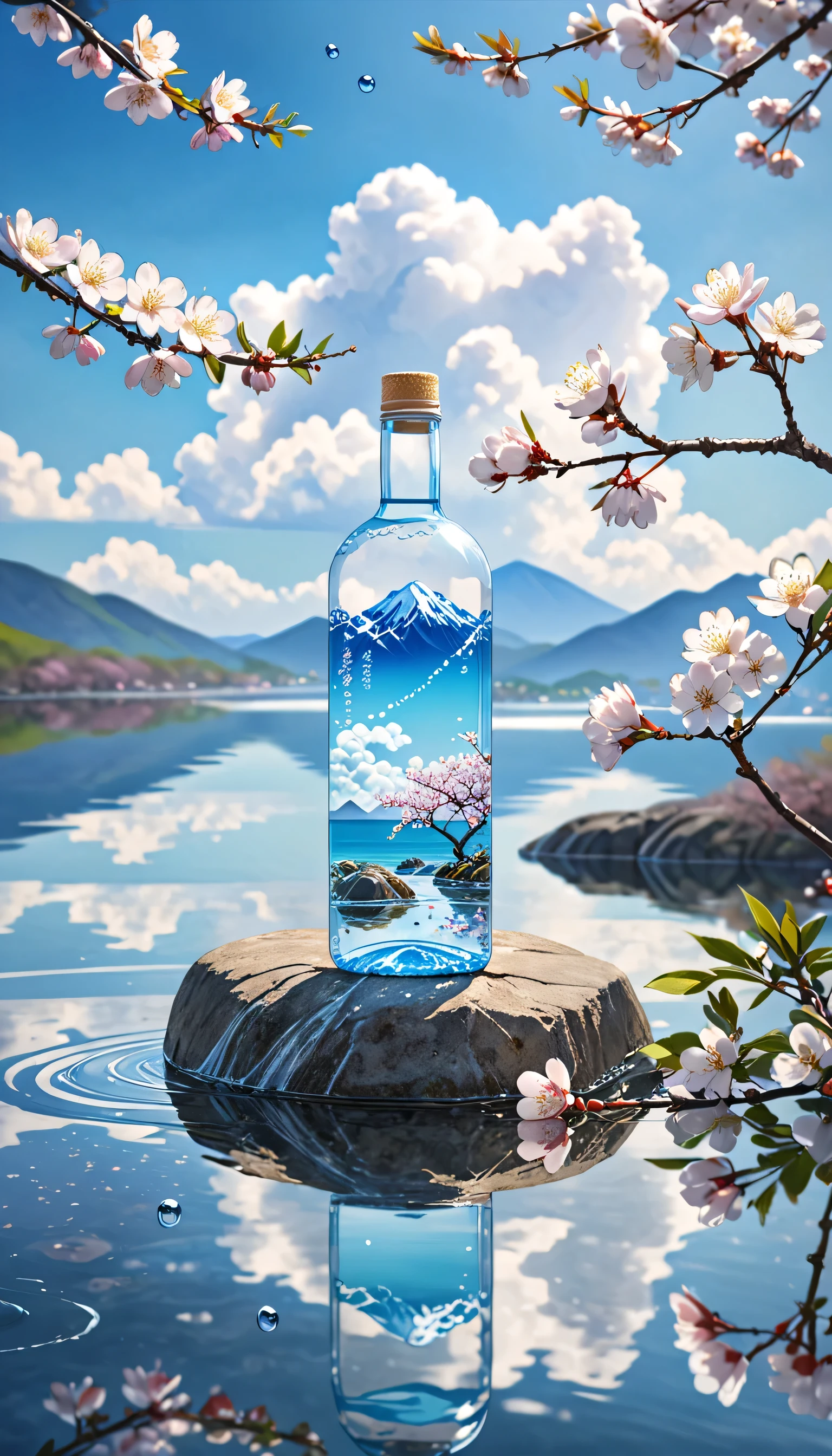outdoor, bottle, water, no-humans, still life, Vague, bubble, landscape, water drop, ocean, sky, Sky, blue Sky, cloud, Vague background, Depth of Field, reflection, Solitary, rock, SportsVague, Mountain, White flowers, Cherry blossoms, Branches, ice.