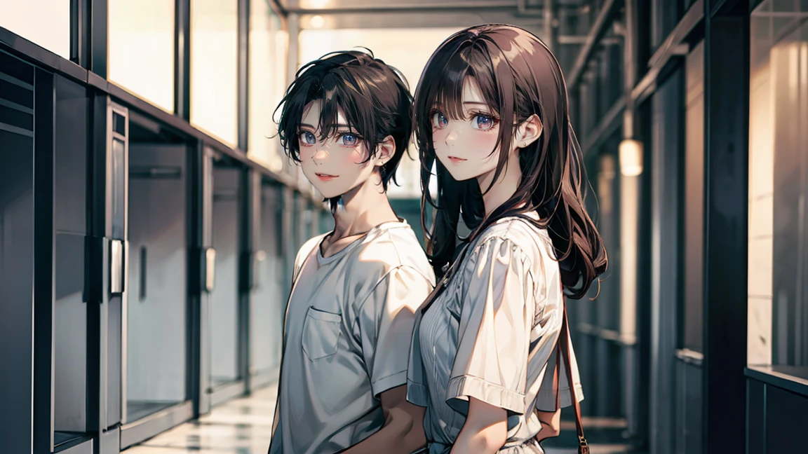 23 year old surreal girl,boy,Walking side by side,two people,White casual attire,smile,They get along well,boyは髪が長い,Girls have short