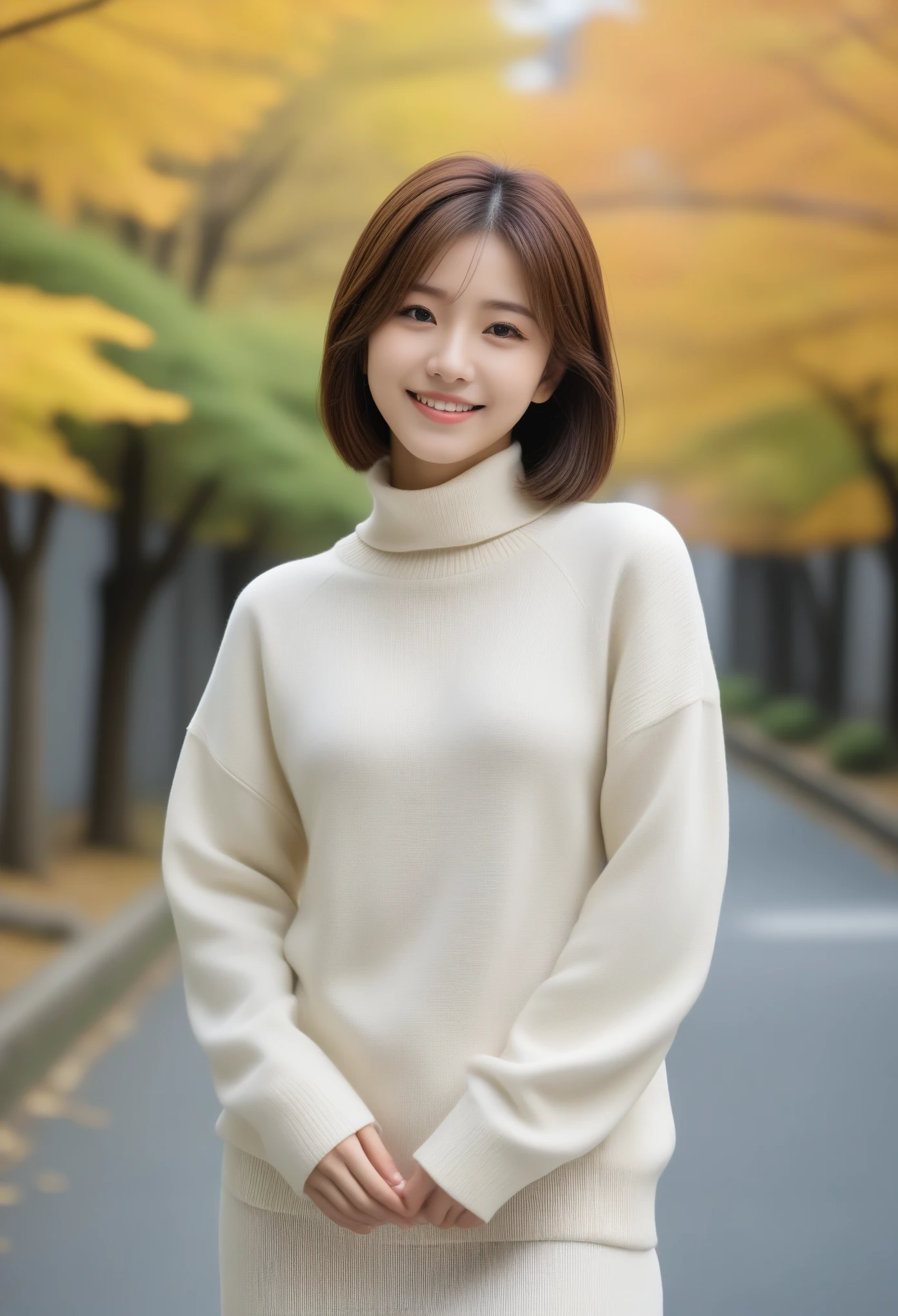 8k, Ultra-high resolution, Highest quality, masterpiece, 三分割法によるphotograph,Surreal, photograph, 1 girl, (:1.3), pretty girl, Cute face, Beautiful eyes in every detail, 細かくdetailedに,masterpiece,, One Girl:1.2, Japan Female Announcer,whole body,Young Wife,Urban area,street tree,The arrival of autumn,Turtleneck sweater,A scene in mini length,Full of cleanliness,A carefree smile,Healing the heart,Short Bob,Looking at the audience、beauty,Long neck、Laugh a little、Please close your mouth and laugh、(((Ideal body type))),A-cup small breasts :2,、Portraiture:2、Perfect Anatomy、鮮明なdetailed、detailed、Surreal、Light and shadow,Strong light