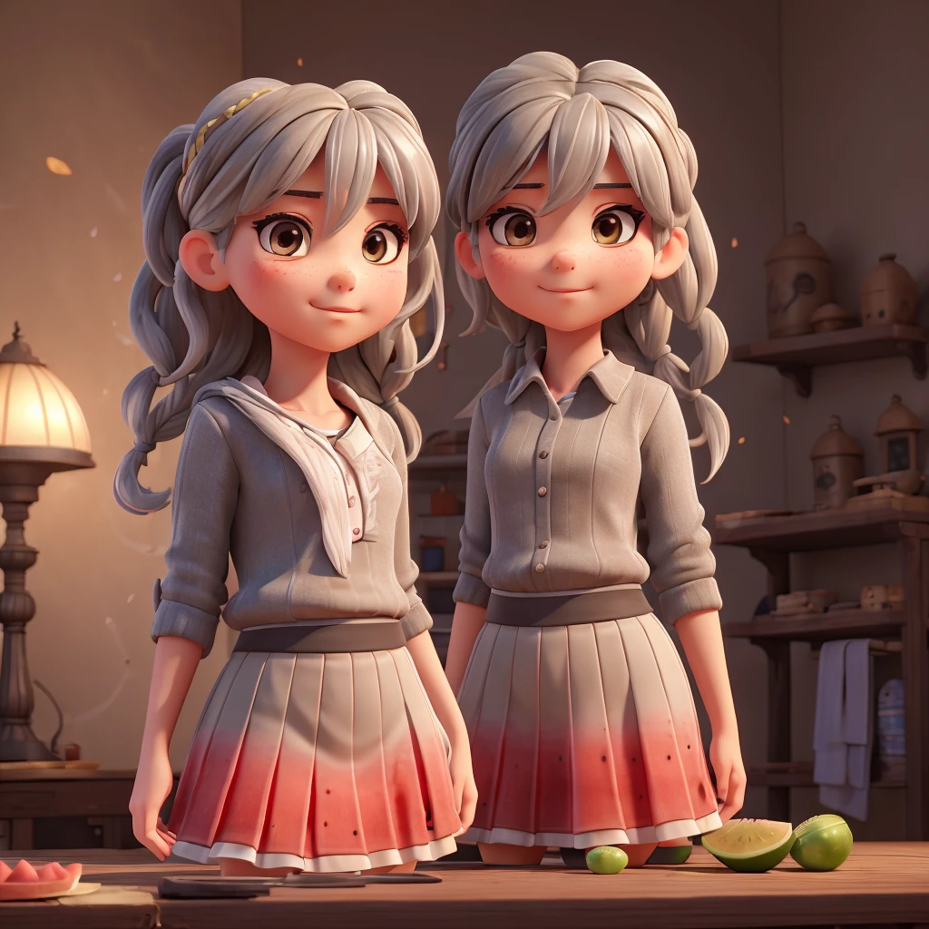 highly detailed, 8K, masterpiece, 1 Girl, Gray two-tone_hair, skirt , watermelon, (perfect_Face), Gorgeous, complex, Dramatic Lighting, 4k, detailed_background, Caustic lines, portrait, , from_边 在吃watermelon,Image ratio 16:9