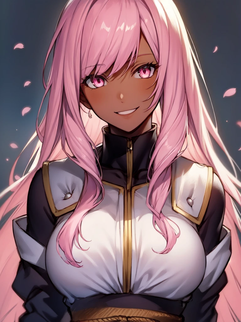 ((spiked hair)), ((long hair)), ((light pink hair)), ((pink eyes)), ((cheerful expression)), (shinobi clothing)), ((dark skin)), ((flowers)), ((complementary colors)), ((mature female)), 1girl, beautifully drawn, high resolution illustration, best quality, High definition, ((detailed anime sketch)), Masterpiece, (solo), absurdres, portrait, ((upper body)), detailed background, fine detail, female focus, HDR,
