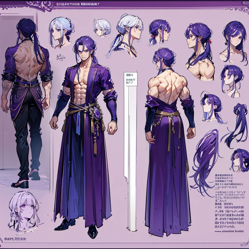 (Masterpiece, best quality), detailed, 1 man, ((character concept art)), ((character design sheet, same character, front, side, back)), full body, body complete, 1 Male angel, 1 Man angel, Detailed face, character design sheet，full bodyesbian, Highly detailed, character sheet, character design, Many parts, dark skin, angel wings, long ponytail purple hair, angel outfit, muscle male god, male clothes, masculine, muscle man, male muscle, manly, male angel, Muscle male with long long ponytail purple hair，beautiful man, beautiful muscle man, abs, pectoral muscle