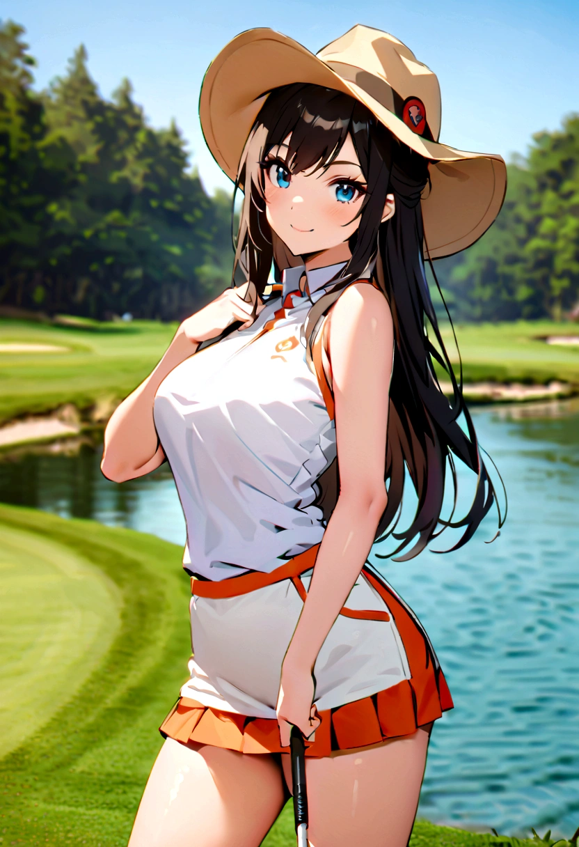 sound　high resolution　8k beauty　Woman playing golf　Golf course　Beautiful woman　Timid　Black Hair　　Golf Wear　mini skirt　smile　　looking at the camera　nice shot　No sleeve　Cowboy hat　Blonde