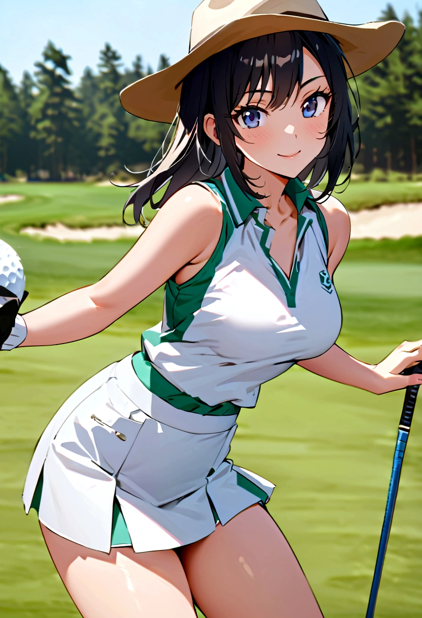 sound　high resolution　8k beauty　Woman playing golf　Golf course　Beautiful woman　Timid　Black Hair　　Golf Wear　mini skirt　smile　　looking at the camera　nice shot　No sleeve　Cowboy hat　Blonde