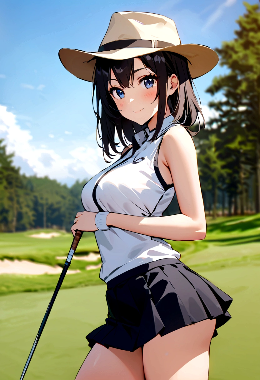 sound high resolution 8k beauty Woman playing golf Golf course Beautiful woman Timid Black Hair Golf Wear mini skirt smile looking at the camera nice shot No sleeve Cowboy hat Blonde
