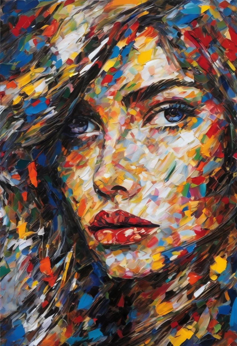 Create an AI-generated image of a girl inspired by the style of Jean-Paul Riopelle, emphasizing the characteristics of abstract expressionism. The composition should evoke themes of hatred, love, and despair, capturing the complexity of human emotions through her eyes. The girl's gaze should reflect a blend of dark and bright themes, juxtaposing sorrow with hope. Use a rich and colorful palette to create a visually stunning and emotionally captivating scene. The girl's face and upper body should be detailed, showcasing perfect shading that highlights her emotional depth. The background should be a complex interplay of colors and abstract forms, reminiscent of Riopelle's signature style, enhancing the overall beauty and emotional impact of the image. The scene should be gorgeously intricate, drawing the viewer into the emotional and visual complexity of the artwork.