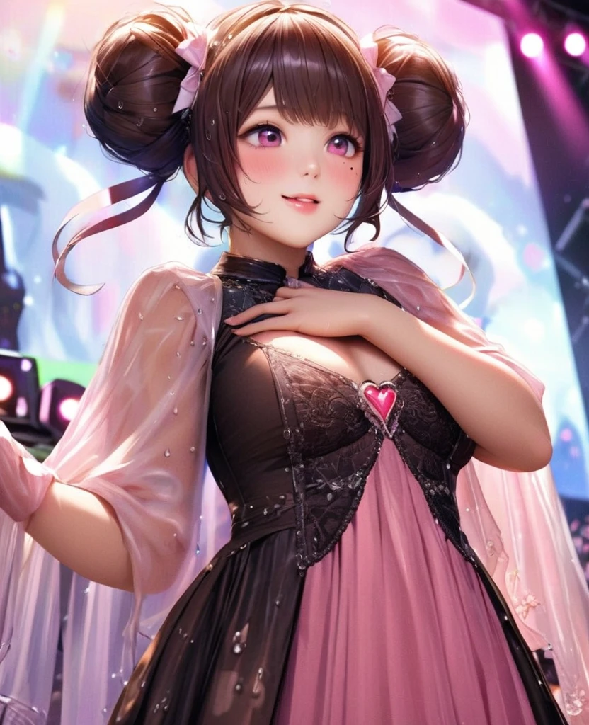 One Girl、Looking at the audience、lovely,
Beautiful pink eyes、Two brown double hair buns , Mole under the eye、Plump and glossy lips、Heart-shaped choca、Idol、Her name is May,smile、ー、。.。.。.。.。.。.。.。.。.。.。.。.。.。.。.。.。.。.3D、Realistic、
The idol's costume was soaked in the heavy rain, and her chest was wet and transparent.Heavy rain at outdoor concert, Drape clothes、gem、The decoration has been removed、Floral、Lace trim,On a glittering stage、
masterpiece、highest quality、8k、Detailed skin texture、Detailed cloth texture、Beautifully detailed face、Intricate details、Very detailed、
超A high resolution、8k Ultra HD、Film Grain、Best Shadow、delicate、Gazing at the audience、front