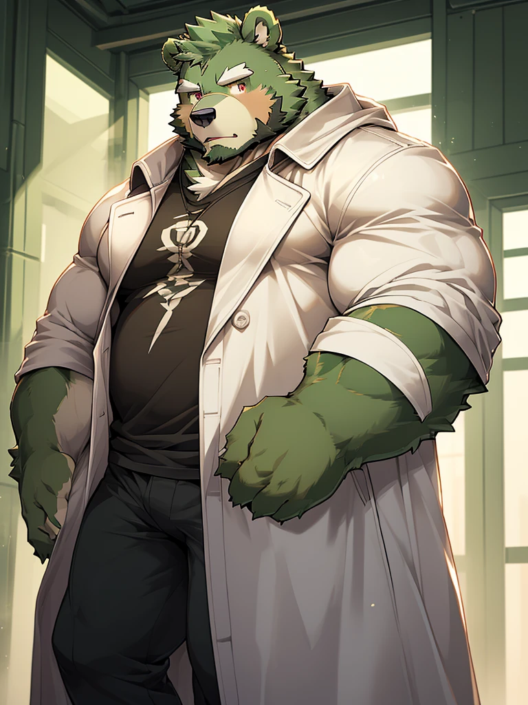 masterpiece, high quality, anime, detailed eyes, male jinpei, anthro, bear, Great physique, strong arms manly, Casual suit, (((green bear))), (((green fur))), green hair, beard, white eyebrows, bald, detailed red eyes, tall, Joyful, (black t-shirt inside), (((white unhooded trench coat ))), by zixiong, 