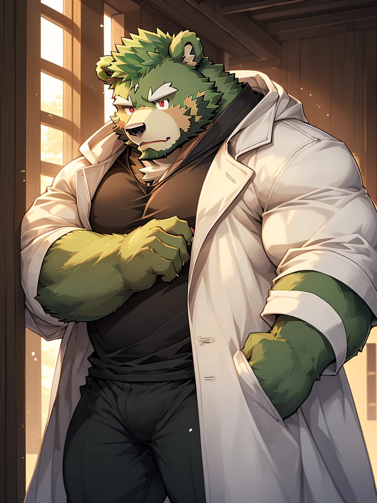 masterpiece, high quality, anime, detailed eyes, male jinpei, anthro, bear, Great physique, strong arms manly, Casual suit, (((green bear))), (((green fur))), green hair, beard, white eyebrows, bald, detailed red eyes, tall, Joyful, (black t-shirt inside), (((white unhooded trench coat ))), by zixiong,