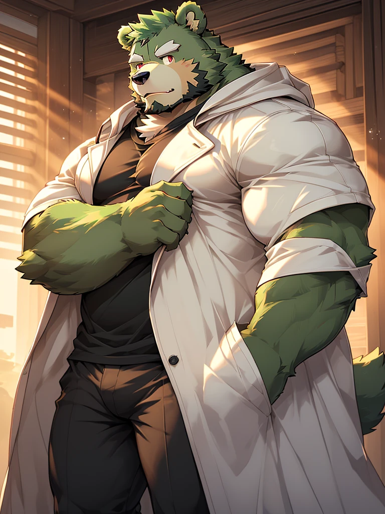 masterpiece, high quality, anime, detailed eyes, male jinpei, anthro, bear, Great physique, strong arms manly, Casual suit, (((green bear))), (((green fur))), green hair, beard, white eyebrows, bald, detailed red eyes, tall, Joyful, (black t-shirt inside), (((white unhooded trench coat ))), by zixiong,