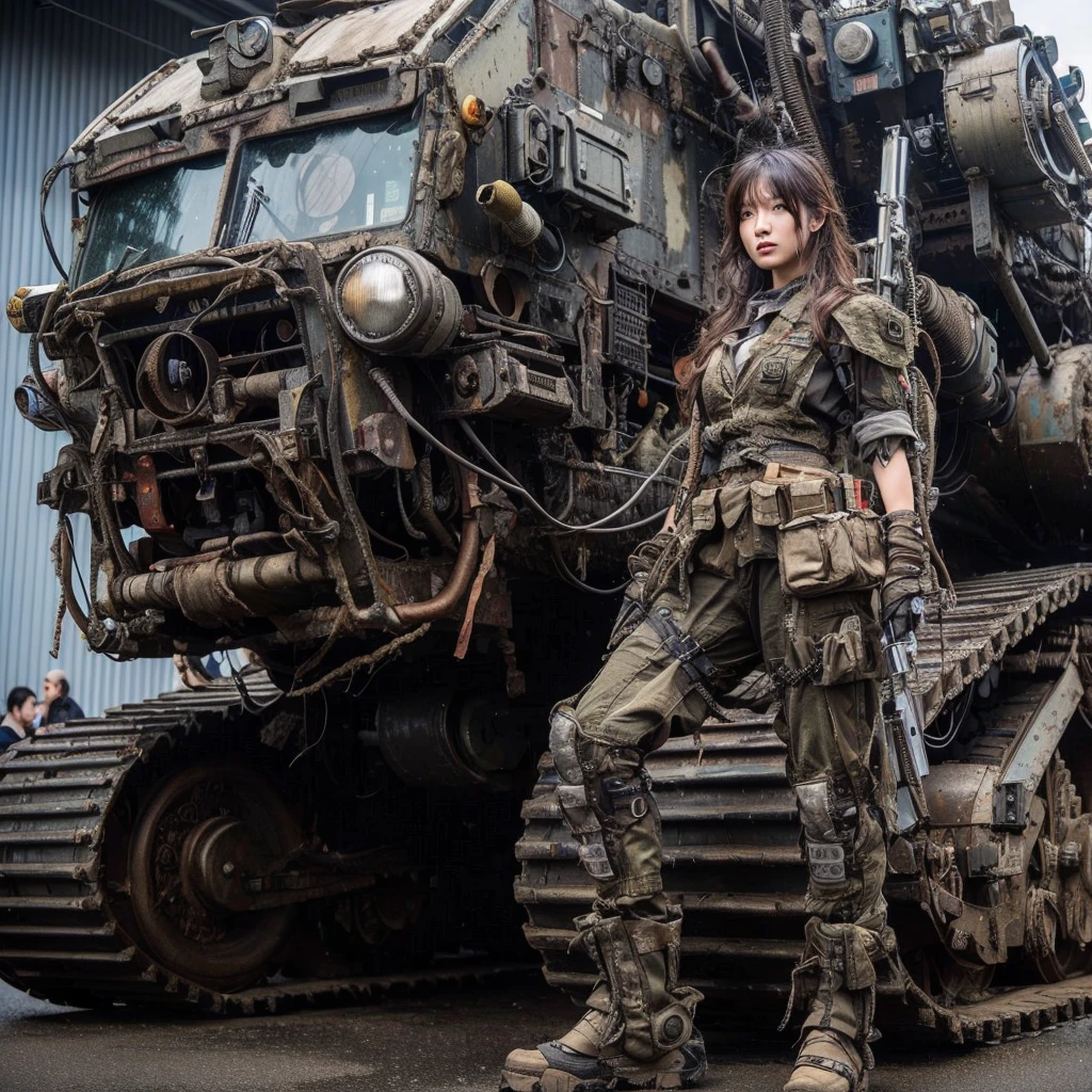 (masterpiece, best quality:1.2), (8k uhd, 16k, 32k, ultra high res), Steampunk, fictional WWII former Japanese Imperial Army armored car and cyborg Japanese female soldier, beautiful face, torn pants, dirty clothes, very intricate details, olive drab paint, peeling paint, weathering, fortress attack, realistic photo, taken with Fuji film X-T30+Nokton. HDR10