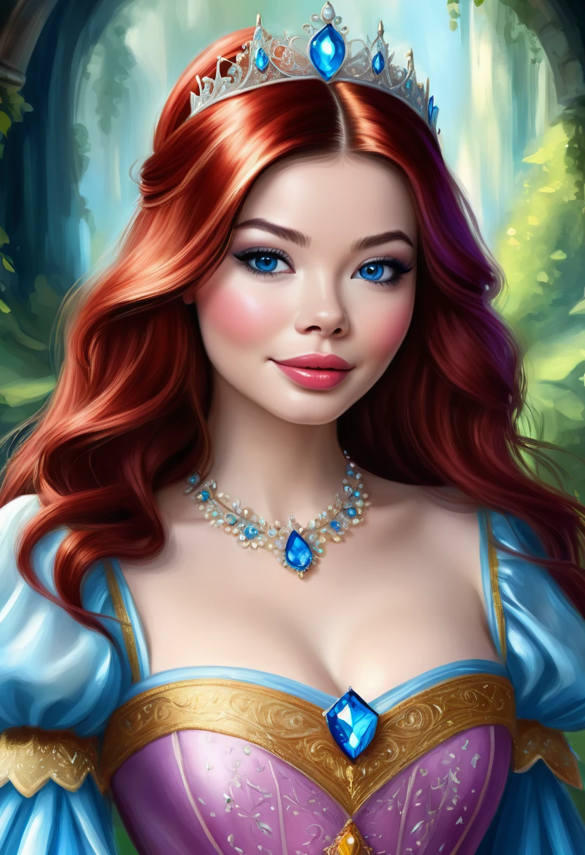 An digital painting of a beautful fairy tale princess that looks like Miranda Cosgrove. Red Hair Blue Eyes. 
