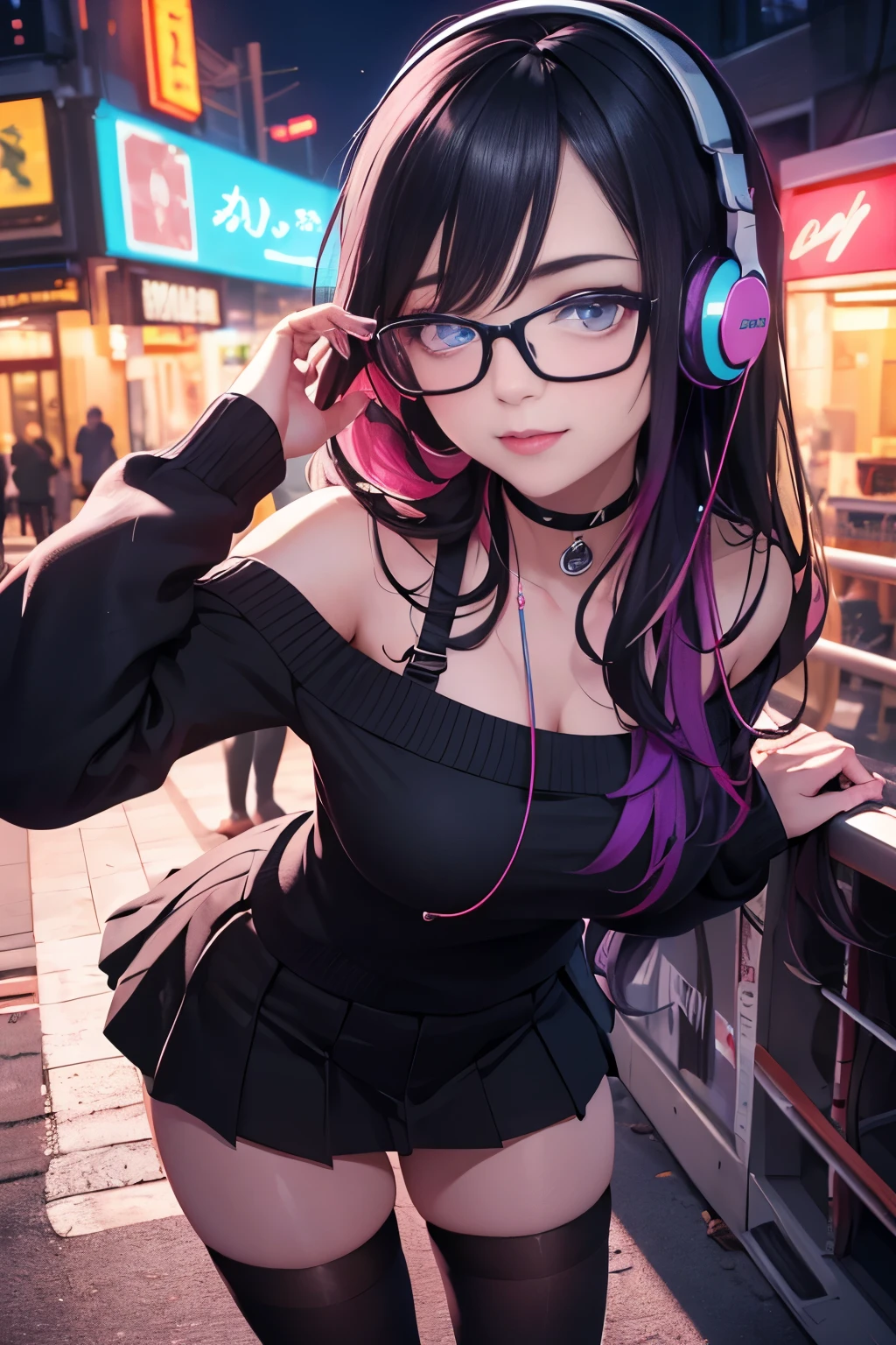 ((best quality)), ((masterpiece)), ((detailed eyes and face)), POV view from above taking a selfie with both arms, perfect face, female, gamer girl, aqua eyes, cherry-red lips, light smile, long black hair, purple streaked hair, purple highlights, wearing headphones, bangs with purple highlights, choker, nerdy glasses, white off-shoulder sweater, black skirt, thigh-highs, nighttime, neon lights in the background, colorful lights