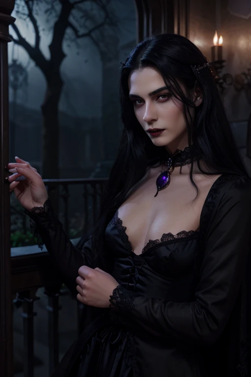 Lovely young handsome hetero Man Jinx Edward vampire with super big indigo eyes and gems and long black hair, with nice and delicate face, in a dark gothic magic castle with annie and claudia and Lestat, in Red Rose manor. Terror ambient. The more handsome man in the world. Night storm. Gothic scene. Cats eyes.