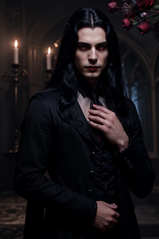 Lovely young handsome hetero Man Jinx Edward vampire with super big indigo eyes and gems and long black hair, with nice and delicate face, in a dark gothic magic castle with annie and claudia and Lestat, in Red Rose manor. Terror ambient. The more handsome man in the world. Night storm. Gothic scene. Cats eyes.