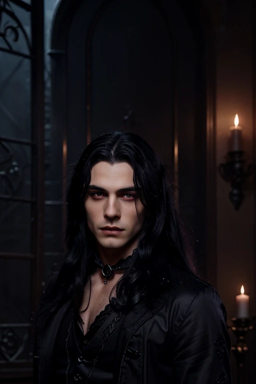 Lovely young handsome hetero Man Jinx Edward vampire with super big indigo eyes and gems and long black hair, with nice and delicate face, in a dark gothic magic castle with annie and claudia and Lestat, in Red Rose manor. Terror ambient. The more handsome man in the world. Night storm. Gothic scene. Cats eyes.
