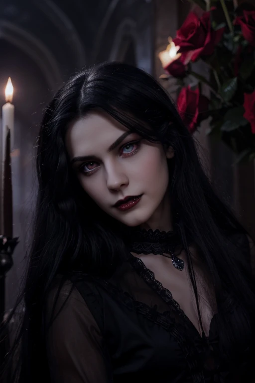 Lovely young handsome hetero Man Jinx Edward vampire with super big indigo eyes and gems and long black hair, with nice and delicate face, in a dark gothic magic castle with annie and claudia and Lestat, in Red Rose manor. Terror ambient. The more handsome man in the world. Night storm. Gothic scene. Cats eyes.