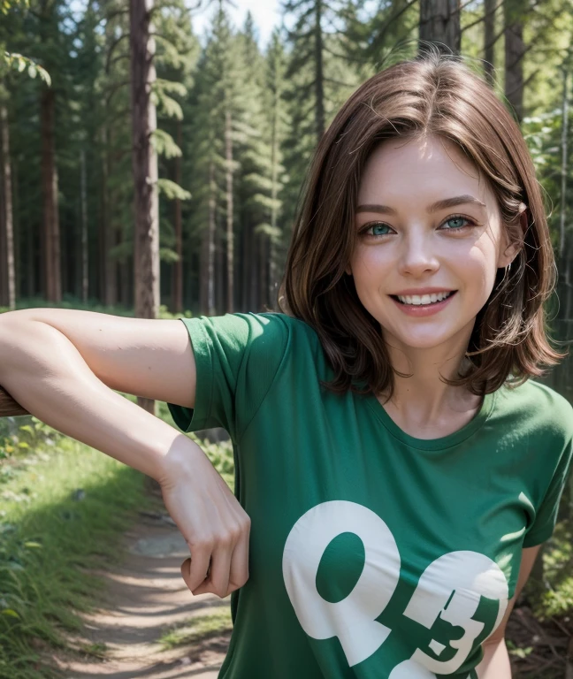 White woman, 35 years old, Brown hair, Green eyes, Nice face, Nice body, laughing, Green t-shirt, woods