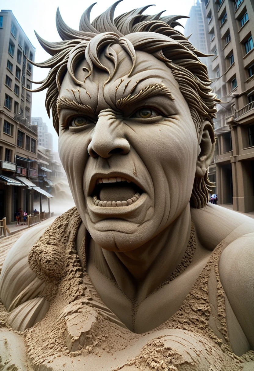 Sand sculpture style,  A huge typhoon raged through the city，The typhoon formed a huge, ferocious human face，Strong sense of déjà vu，Strong sense of sight