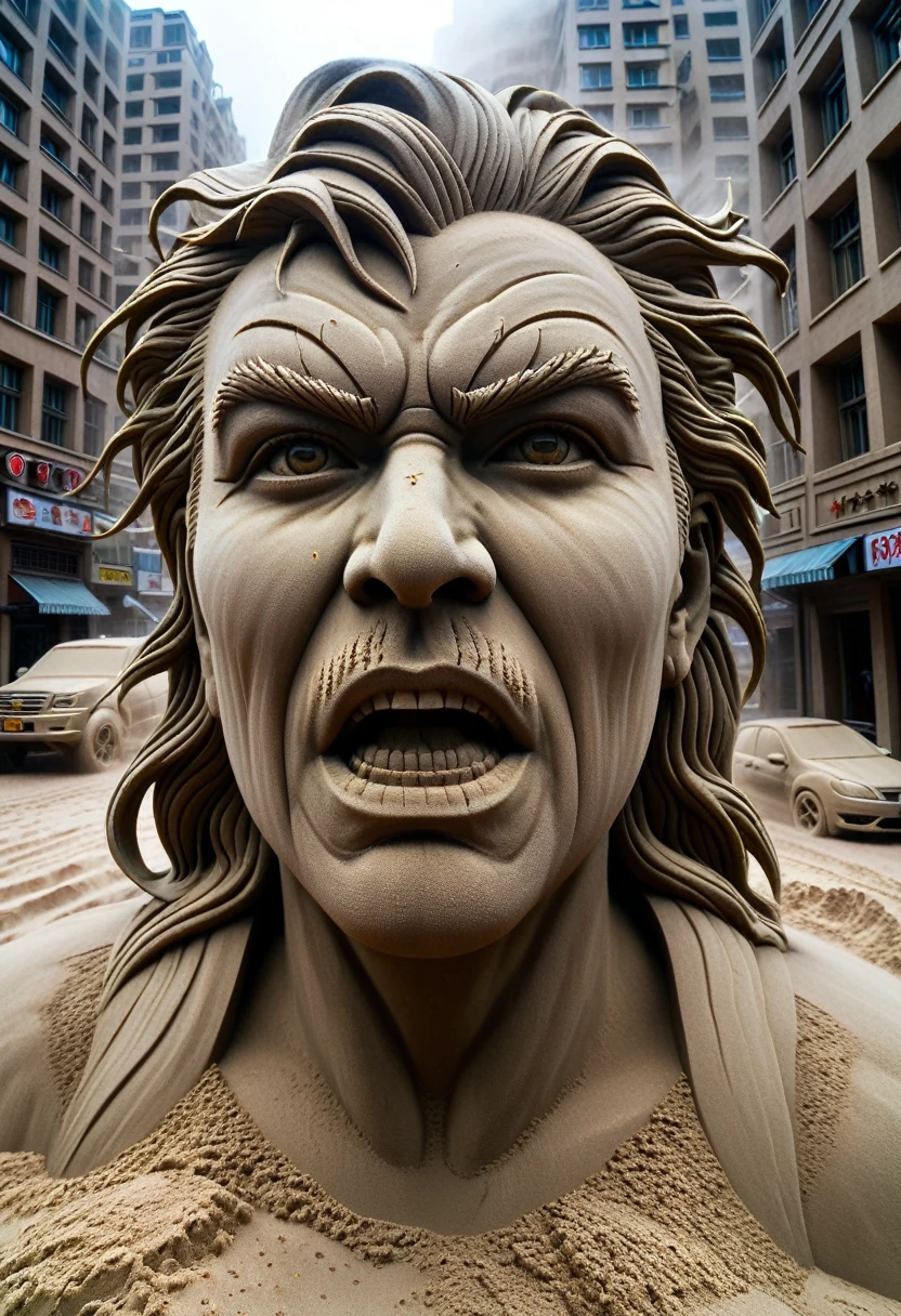 Sand sculpture style,  A huge typhoon raged through the city，The typhoon formed a huge, ferocious human face，Strong sense of déjà vu，Strong sense of sight