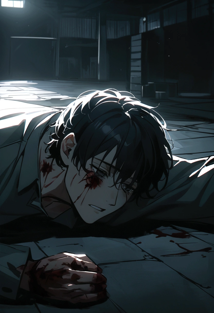 a man, short black hair, glazed black eyes, a single tear fell down his face, lying on the floor with several bleeding wounds, in the dark warehouse