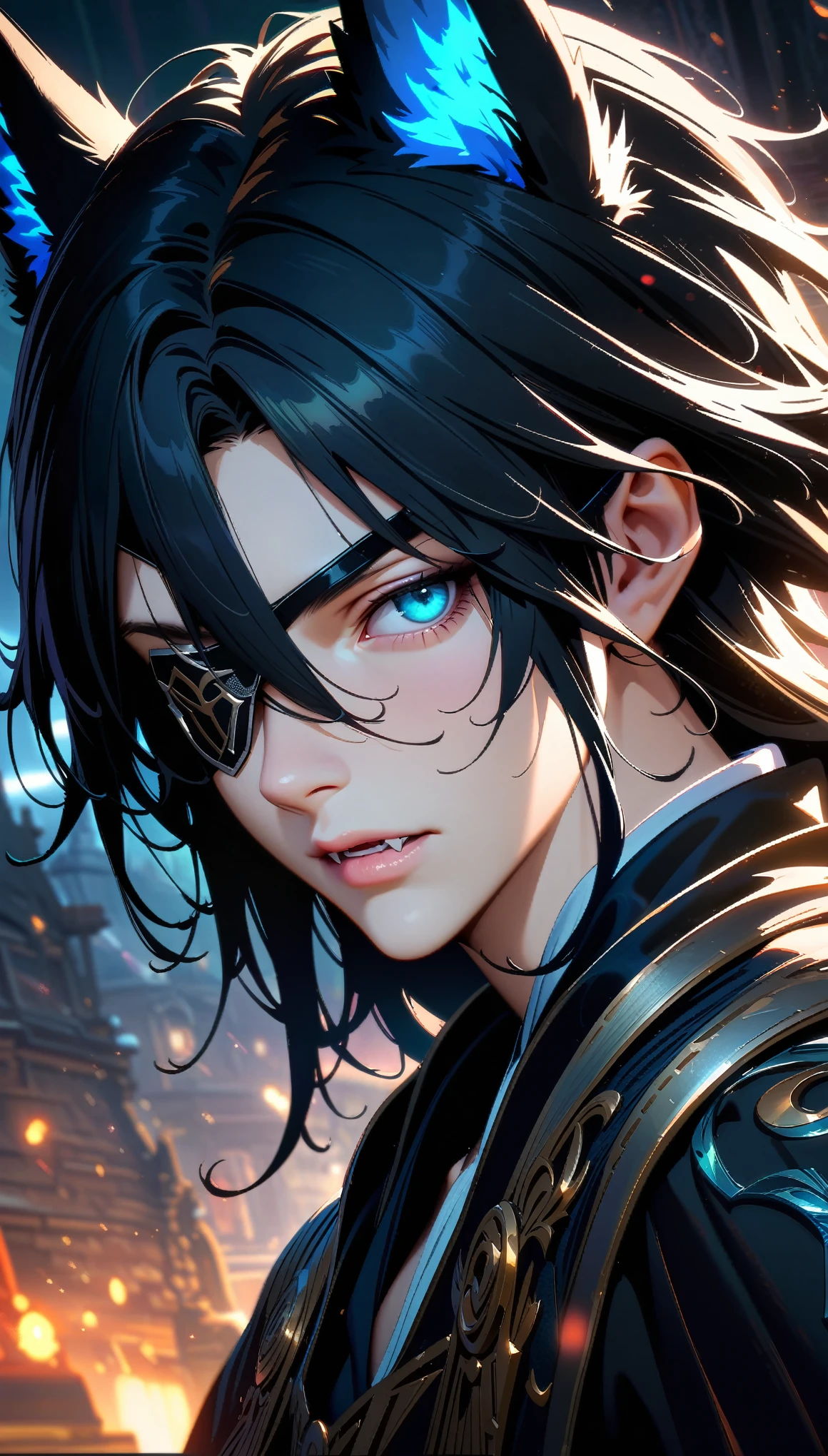 Masterpiece, Best Quality, Super Detailed, High Definition, Expensive Resolution, HDR, Super Detailed CG, Beautiful Details, Depth, Fine Texture, Super Fine, Complete concentration, portrait, Pale skin, Handsome man, fox man, smart and cool man, confident, fox ears, long hair, disheveled black hair, silver highlight, beautiful detail eyes, aqua eyes, fox tail, (full details black clothing, fangs, Eye Patch, Shoulder armor, silver trim), 1 male, Cold face and eyes, ethereal atmosphere, intricate details, volumetric lighting, atmospheric lighting, lens flare, particles, Cinematic light, colorful light, white colors schemes, fine detail, intricate, beautiful detailed glow, extremely detailed eyes and face, fantasy art style