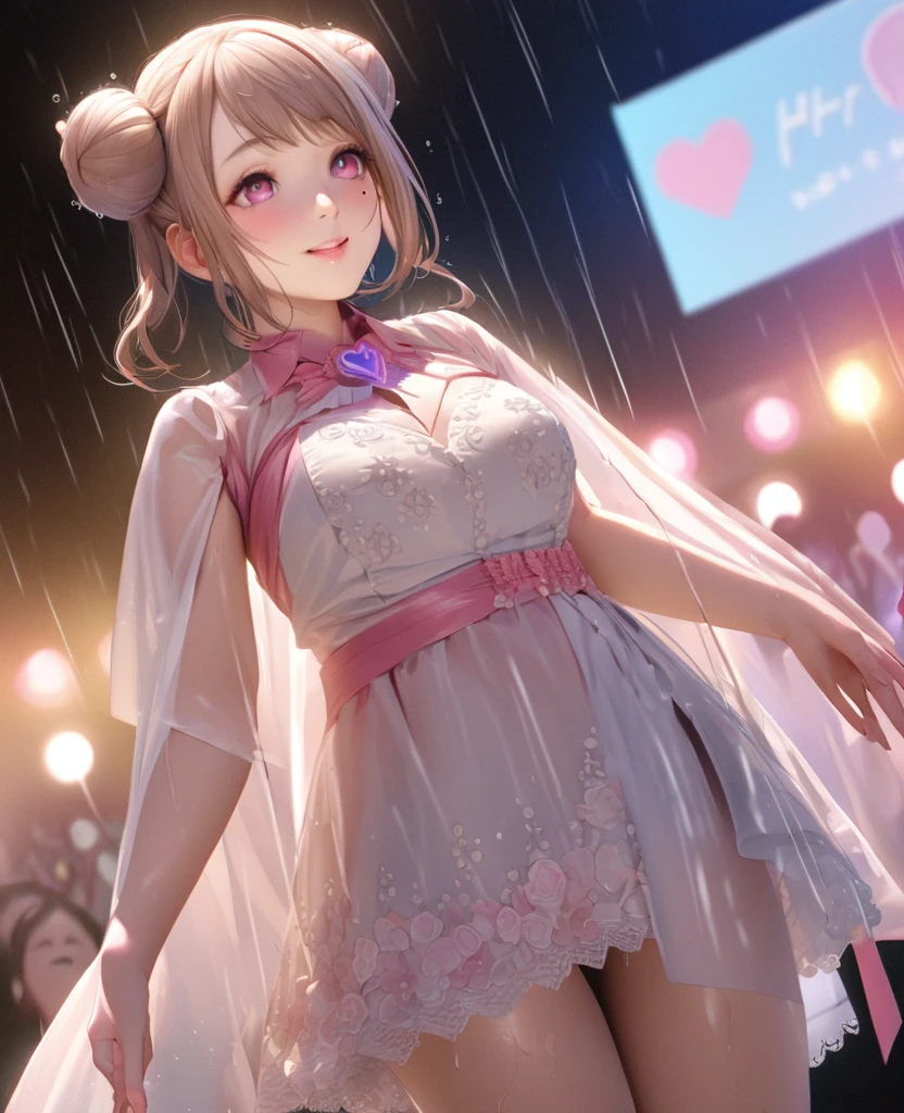 One Girl、Looking at the audience、lovely,
Beautiful pink eyes、Two brown double hair buns , Mole under the eye、Plump and glossy lips、Heart-shaped choca、Idol、Her name is May,smile、ー、。.。.。.。.。.。.。.。.。.。.。.。.。.。.。.。.。.。.3D、Realistic、
The idol's costume was soaked in the heavy rain, and her chest was wet and transparent.Heavy rain at outdoor concert, Drape clothes、gem、The decoration has been removed、Floral、Lace trim,On a glittering stage、
masterpiece、highest quality、8k、Detailed skin texture、Detailed cloth texture、Beautifully detailed face、Intricate details、Very detailed、
超A high resolution、8k Ultra HD、Film Grain、Best Shadow、delicate、Gazing at the audience、front