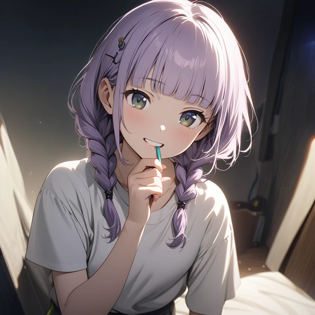(Cute a girl:1.5), (masterpiece:1.3), anime visual, (a girl is wearing a white T-shirt and shorts, brushing his teeth:1.3 ), (Lovey-dovey:1.5), (tilt head:1.3), extremely delicate face, soft clean focus, realistic lighting and shading, (an extremely delicate and beautiful art:1.3), elegant, (muted colors:1.1),(one girl with closs hair pin,pale purple hair,wavy two braids,blunt bangs hair,green and black eyes:1.4), small breast,slim,smile,Slender,night lit,