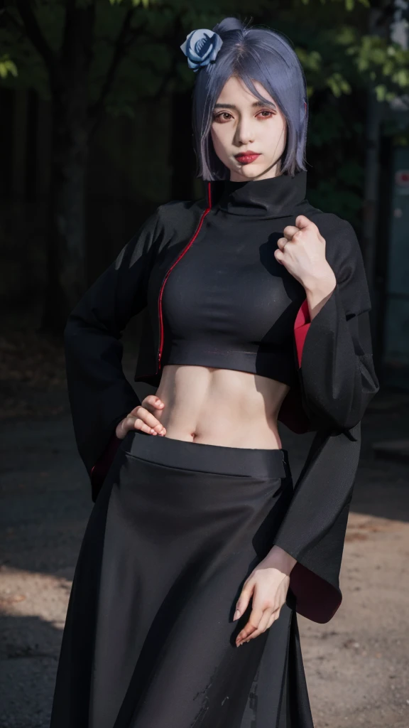 1girl,solo,konan \(naruto\),(upper body:1.2),akatsuki outfit,narrow waist,looking at viewer,masterpiece,best quality,absurdres,highly detailed,photo realistic,best shadow,dramatic lighting,depth of field,outdoors, hands on hip