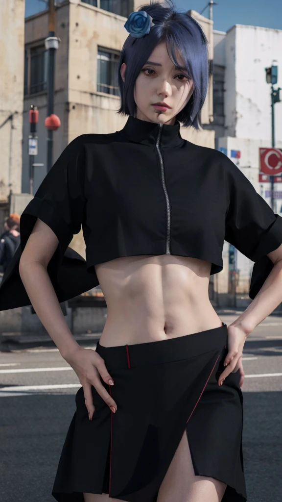 1girl,solo,konan \(naruto\),(upper body:1.2),akatsuki outfit,narrow waist,looking at viewer,masterpiece,best quality,absurdres,highly detailed,photo realistic,best shadow,dramatic lighting,depth of field,outdoors, hands on hip, crop top, black skirt