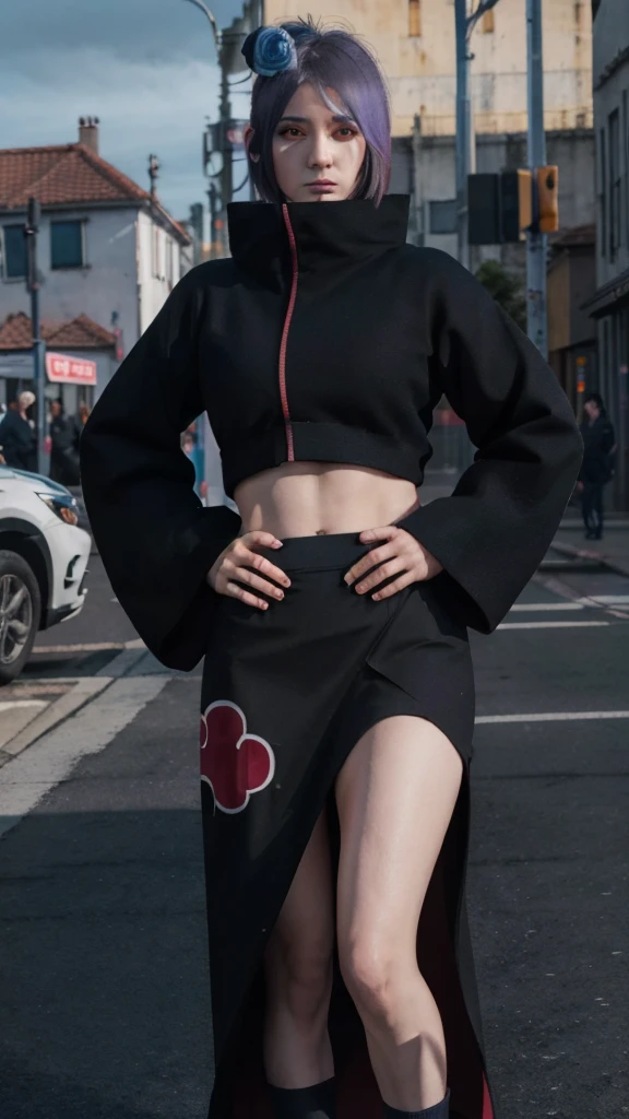 1girl,solo,konan \(naruto\),(upper body:1.2),(akatsuki outfit),narrow waist,looking at viewer,masterpiece,best quality,absurdres,highly detailed,photo realistic,best shadow,dramatic lighting,depth of field,outdoors, hands on hip, crop top, black skirt