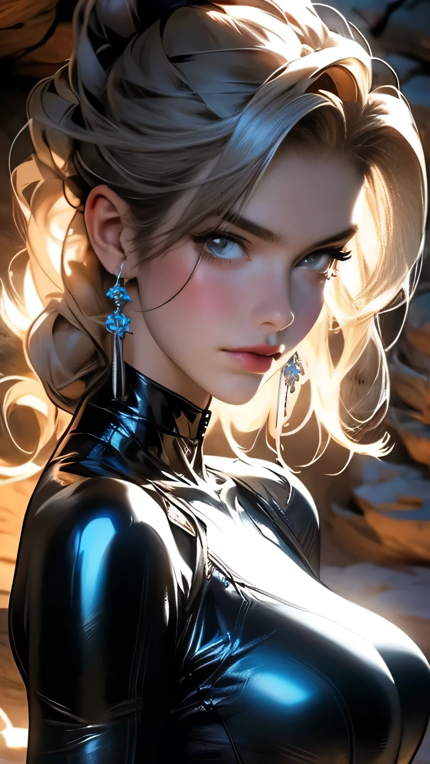 (Very detailed),8k,wallpaper,Studio Lighting,Ultra-fine painting,Narrow your focus,Physically Based Rendering,1 female,Mature Woman,Beautiful Hair,Beautiful Skin,Shiny skin,Beautiful Hands,Fine hand,(Black latex bodysuit with blue lines),(((Better Hands))),((In a dark cave)),Random hairstyle,Random Pause、masterpiece, 最high quality, high quality, High resolution, Big Tits, ((Face close-up)), Face close-up、