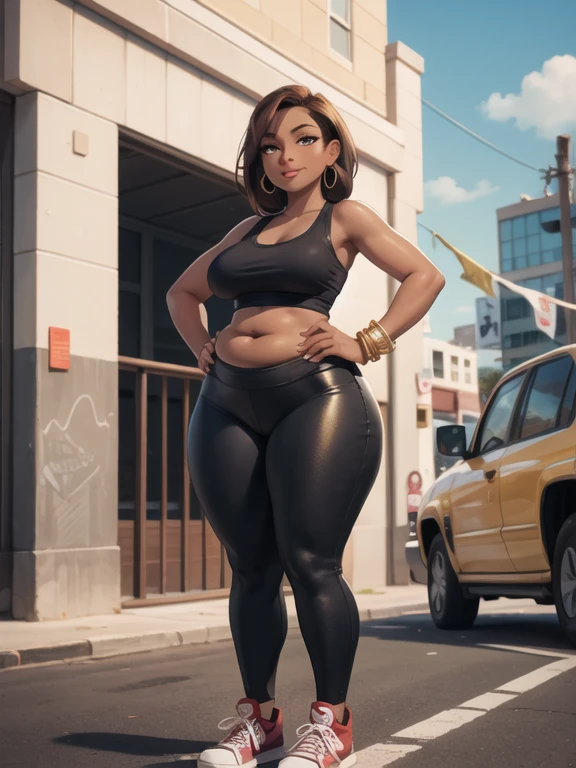 (half-body-shot (front shot):1.3),(Detailed face:1.2), (Detailed eyes:1.2), 1girl, alone, Latina, 42-years-old, milf, mature female, (dark-skinned female:1.5), long brown hair, amber colored eyes, mascara, eyeshadow, red lipstick, (Wearing: red tank-top, black leggings, golden earrings, golden bracelets, sneakers:1.2), looking at viewer, smile, sultry, sultry face, Oversize, Overweight, thick lips, (plump figure and wide frame:1.3), medium breasts, sagging breasts, fat rolls, belly rolls, muffin top, big deep navel, tight out, love handles, wide hips, wide waist, wide load butt, thick thighs, standing, hands on hips, in the streets of Miami.
