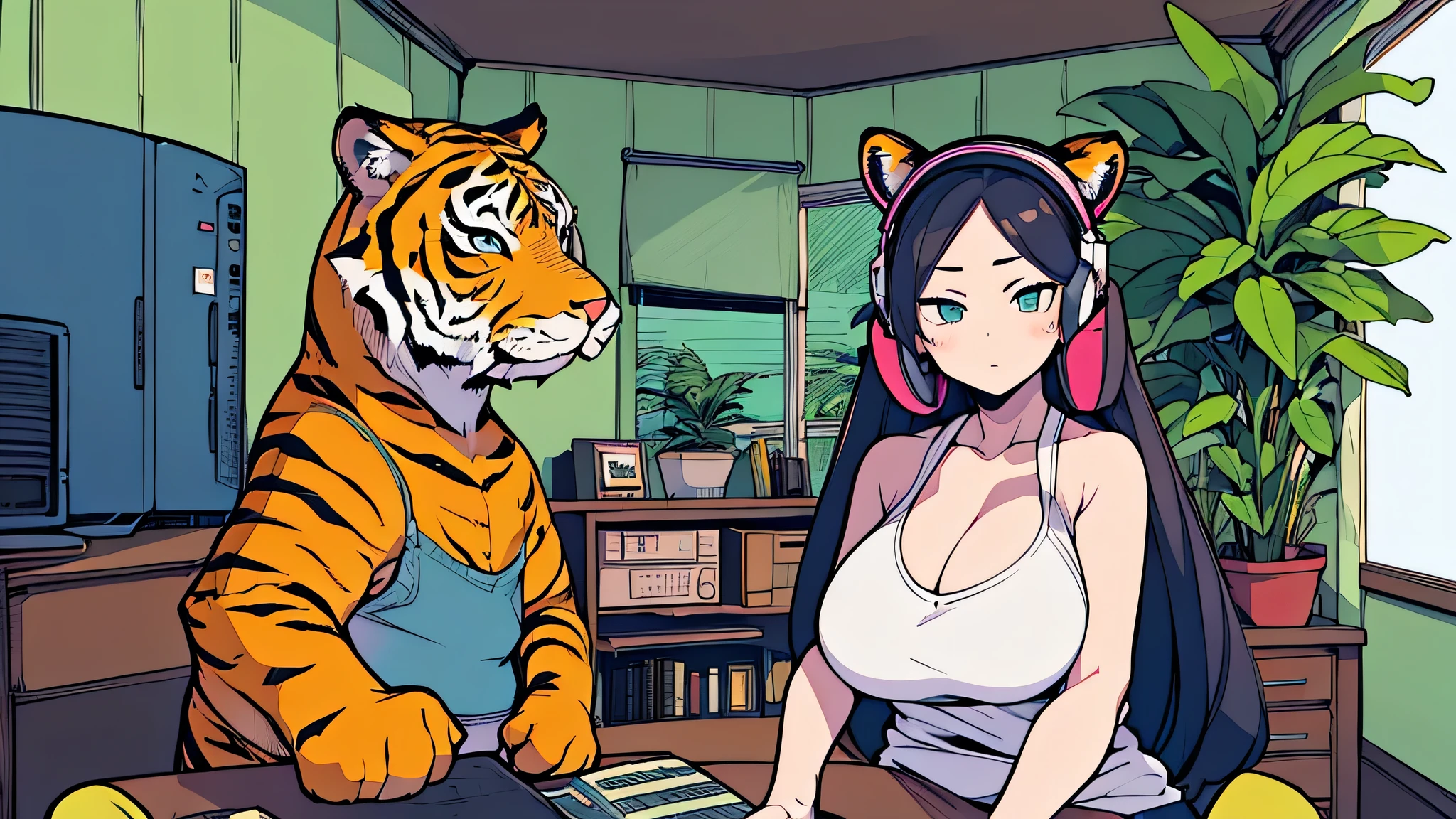 Best quality, (masterpiece:1.2), best detail face,1 girl, , 18 yo, 8k,absurdres,unity 8k wall paper,(extremely detailed:1.3), highest realistic, (retro headphones:1.1), (soft neon light:1.1), Her room full of music equipment and plants, Leaning back on the chair with a casual attitude, clothing in summer, ((A realistic tiger mascot in the room)), natural color palette