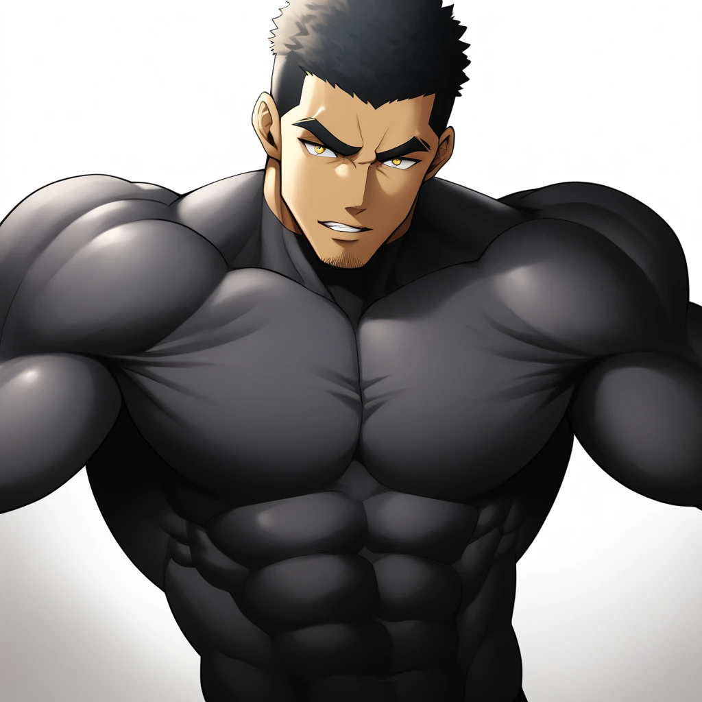 one negro, anime characters：Gyee, Hibino Kafka, Muscle Sports Student, negro black skin, Very Black, 1 muscular tough guy, Manliness, male focus, Dark grey turtleneck tight T-shirt,  Regular symmetrical pattern, Very tight, The pectoral muscles are oversized, muscular male, muscular, only, Upper body, alone, Black short hair, Thick eyebrows, stubble, Yellow eyes, White background, simple background, amazing quality, best aesthetics, Ridiculous, bright pupils, crew cut, parted lips, seductive smile, torogao, naughty face, best quality