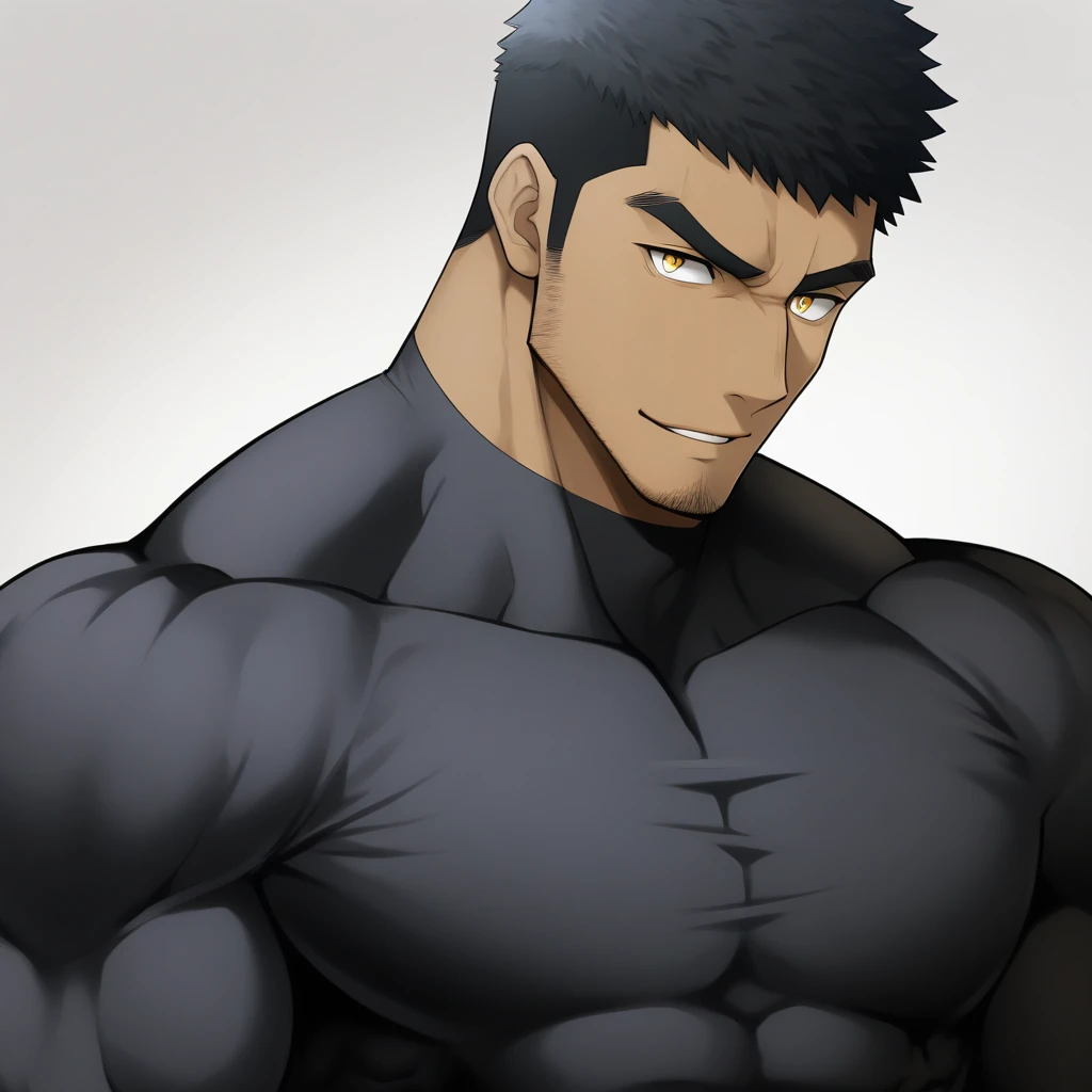 one negro, anime characters:Gyee, Hibino Kafka, Muscle Sports Student, negro black skin, Very Black, 1 muscular tough guy, Manliness, male focus, Dark grey turtleneck tight T-shirt, Regular symmetrical pattern, Very tight, The pectoral muscles are oversized, muscular male, muscular, only, Upper body, alone, Black short hair, Thick eyebrows, stubble, Yellow eyes, White background, simple background, amazing quality, best aesthetics, Ridiculous, bright pupils, crew cut, parted lips, seductive smile, torogao, naughty face, best quality
