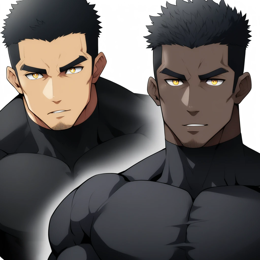 one negro, anime characters：Gyee, Hibino Kafka, Muscle Sports Student, negro black skin, Very Black, 1 muscular tough guy, Manliness, male focus, Dark grey turtleneck tight T-shirt,  Regular symmetrical pattern, Very tight, The pectoral muscles are oversized, muscular male, muscular, only, Upper body, alone, Black short hair, Thick eyebrows, stubble, Yellow eyes, White background, simple background, amazing quality, best aesthetics, Ridiculous, bright pupils, crew cut, parted lips, seductive smile, torogao, naughty face, best quality
